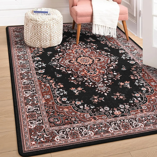 Washable Rugs for Living Room Non Slip Vintage Rug Faux Wool Floral Rug for Bedroom Dining Room Carpet Rug for Room Decor