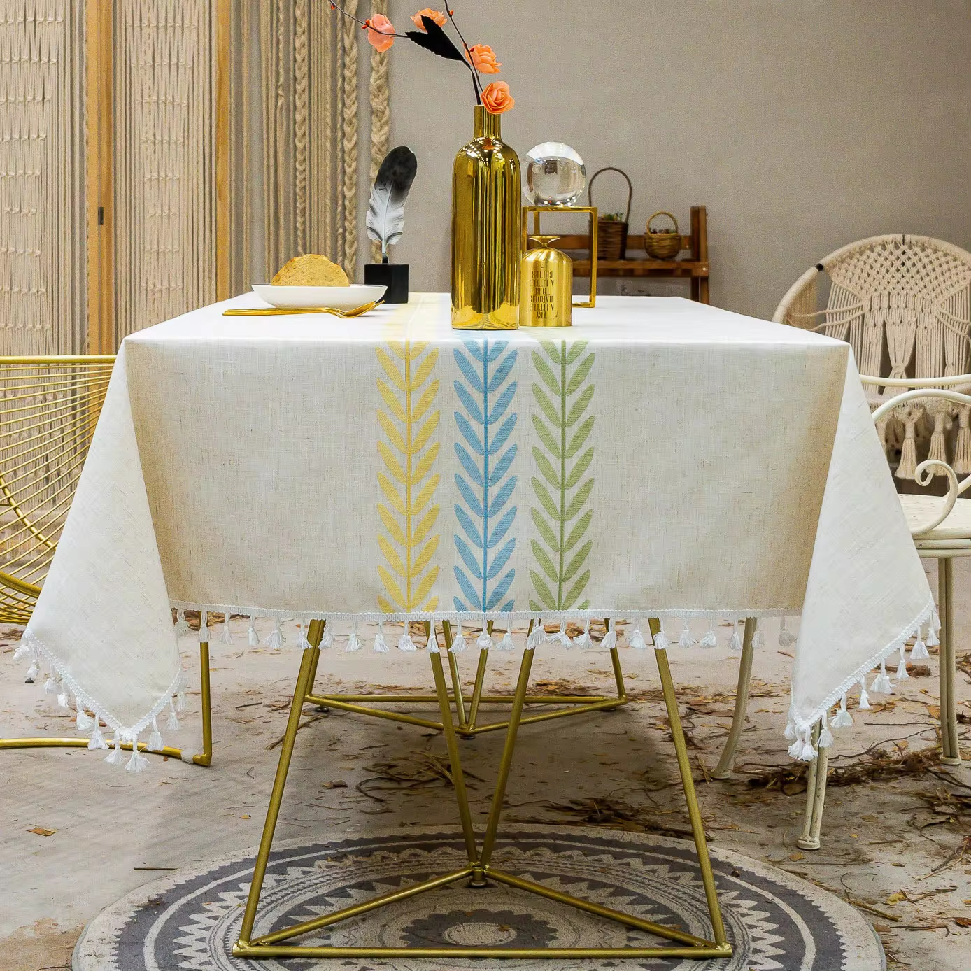 Northern European simple tassel cotton linen table cloth embroidery flower leaves party American decorative dust table cloth