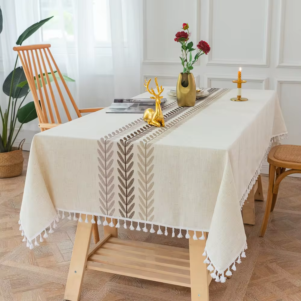 Northern European simple tassel cotton linen table cloth embroidery flower leaves party American decorative dust table cloth