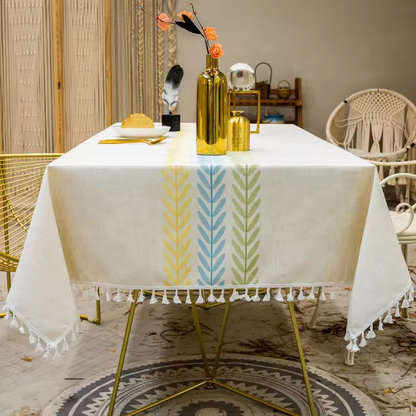 Northern European simple tassel cotton linen table cloth embroidery flower leaves party American decorative dust table cloth