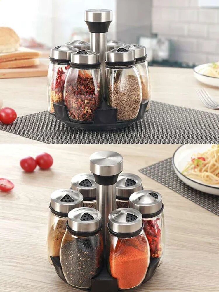 Cruet Set Rotatable Stainless Steel Glass Spice Bottles