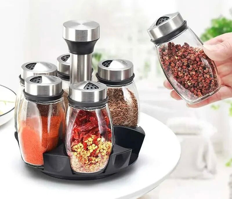 Cruet Set Rotatable Stainless Steel Glass Spice Bottles