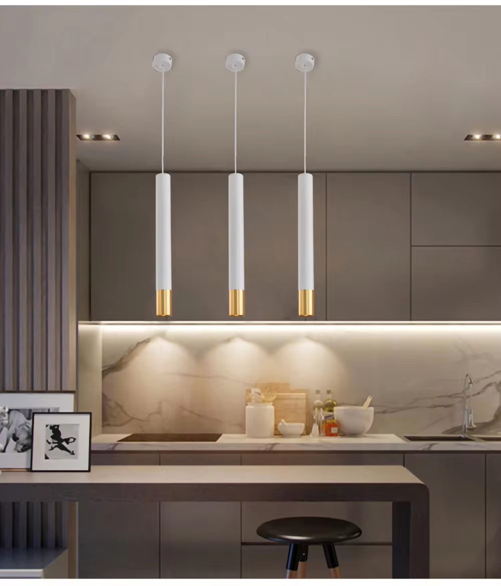 LED Pendant Lamp Long Tube Brushed Finish with Round Chassis Indoor Kitchen Island Bar Black White Gold Hanging Light