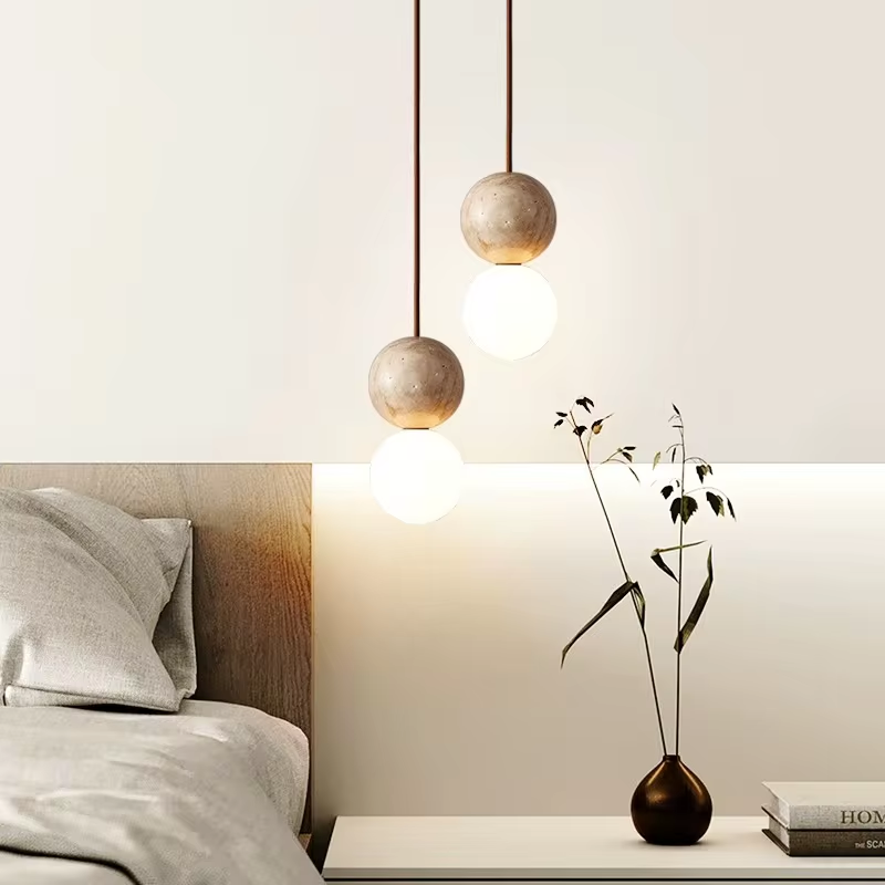 Led Pendant Light Stone Cream Style Chandelier Bedroom Bedside Long Line Hanging Lighting Retro Luminaire Round Ball Bar Table