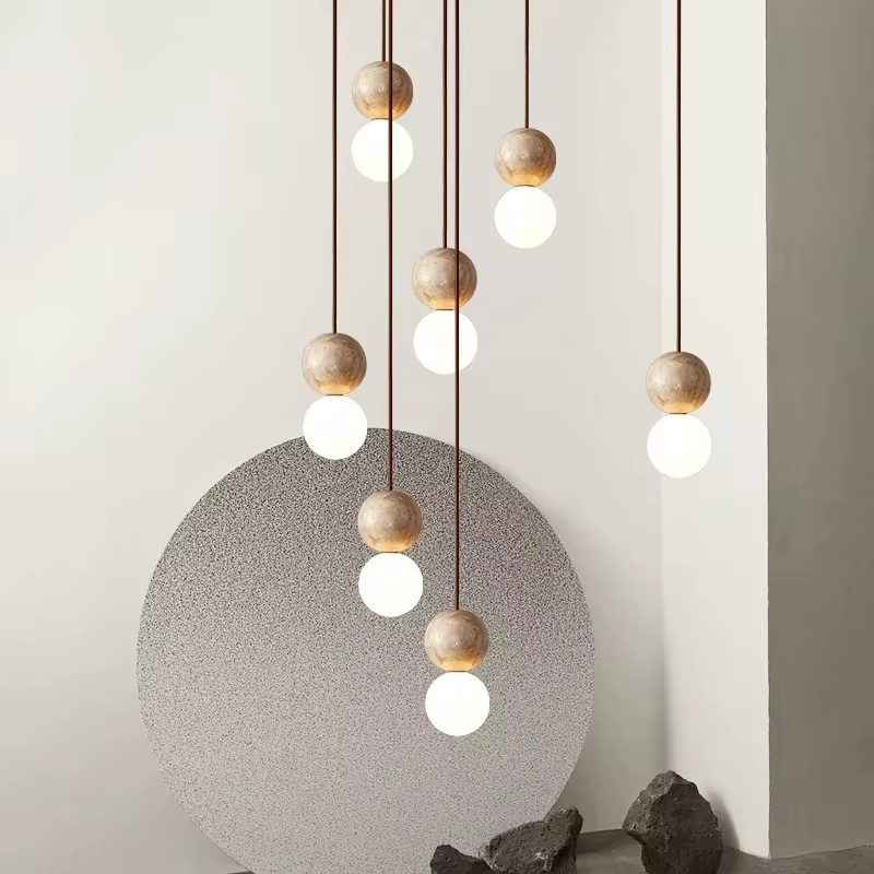 Led Pendant Light Stone Cream Style Chandelier Bedroom Bedside Long Line Hanging Lighting Retro Luminaire Round Ball Bar Table