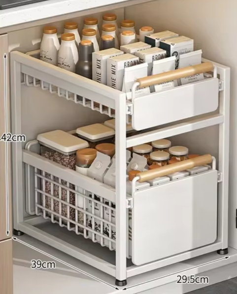 Bathroom Storage Rack With Pull-out Basket Layered Shelves Carbon Steel Under Sink Shelf Seasoning Bottle Kitchen Storage Racks