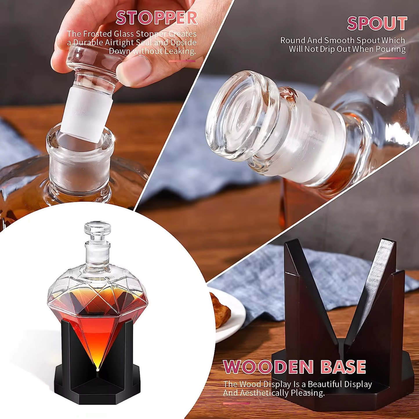 850ml Whiskey Decanter glass diamond wine bottle with Wooden Holder Airtight Stopper Suitable for all kinds of alcohol Gift