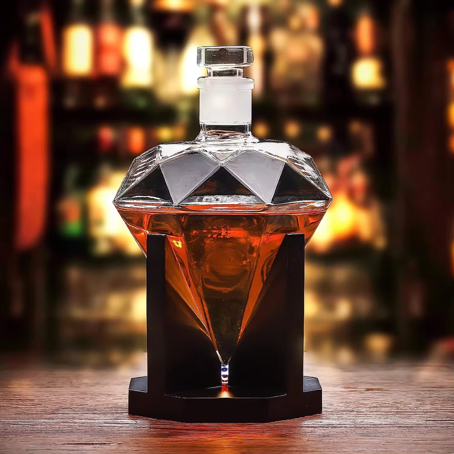 850ml Whiskey Decanter glass diamond wine bottle with Wooden Holder Airtight Stopper Suitable for all kinds of alcohol Gift