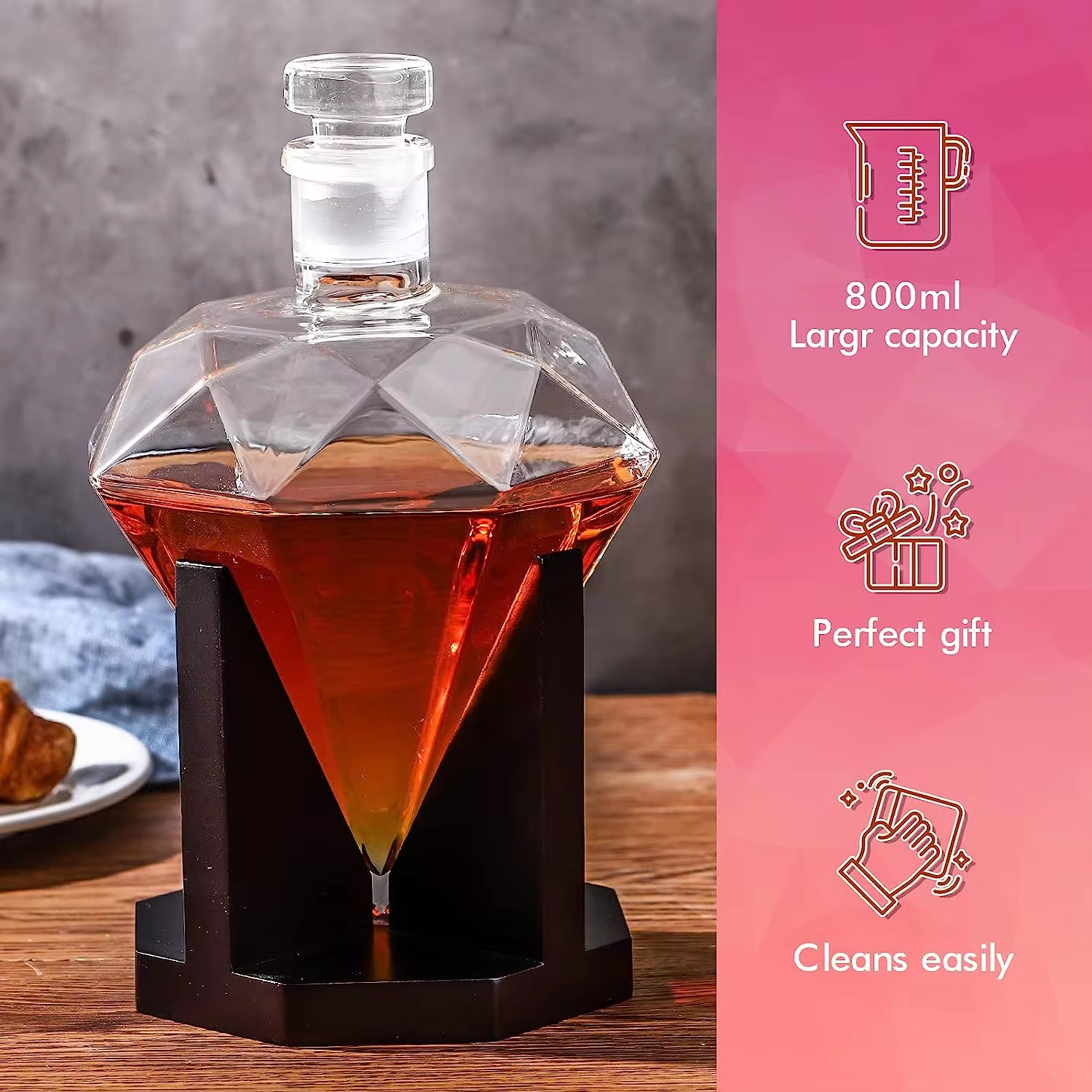 850ml Whiskey Decanter glass diamond wine bottle with Wooden Holder Airtight Stopper Suitable for all kinds of alcohol Gift