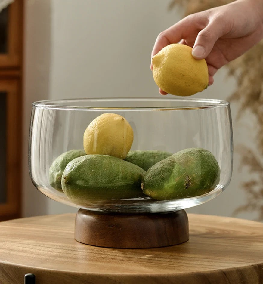 Modern Acacia wood and glass fruit bowl