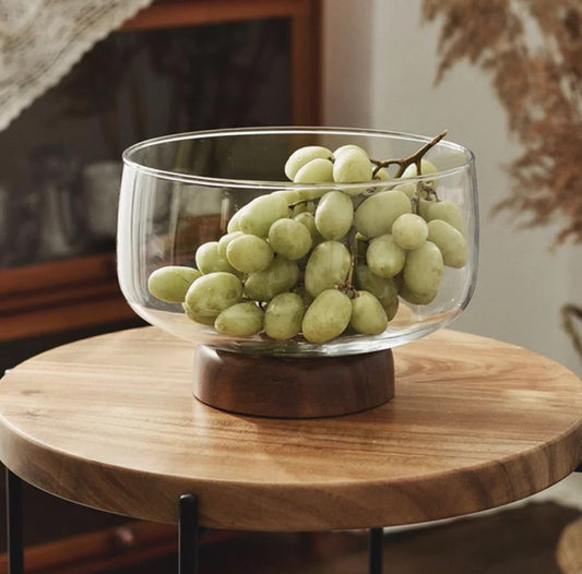 Modern Acacia wood and glass fruit bowl