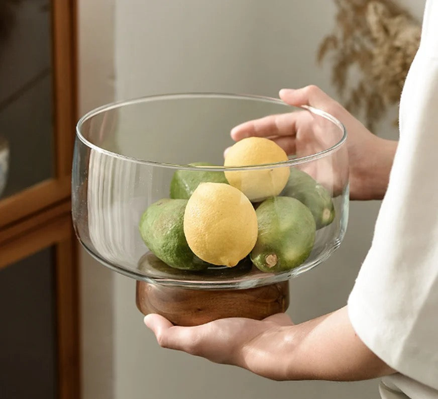 Modern Acacia wood and glass fruit bowl