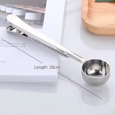 2-in-1 Coffee Scoop Stainless Steel Coffee Powder Measuring Scoop with Sealing Clip Tea Milk Powder Scoop Coffee Accessories