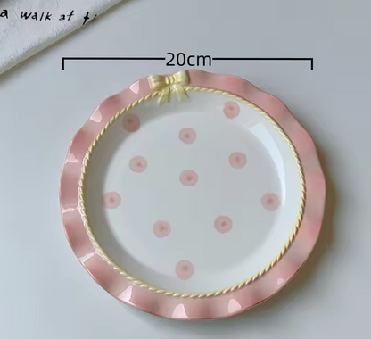 Korean Style Girl Heart Pink Ceramic Tableware Set Polka Dot Bow Cute Small Bowl Rice Bowl Deep Plates Cute Plates