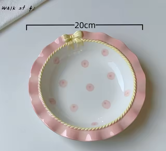 Korean Style Girl Heart Pink Ceramic Tableware Set Polka Dot Bow Cute Small Bowl Rice Bowl Deep Plates Cute Plates