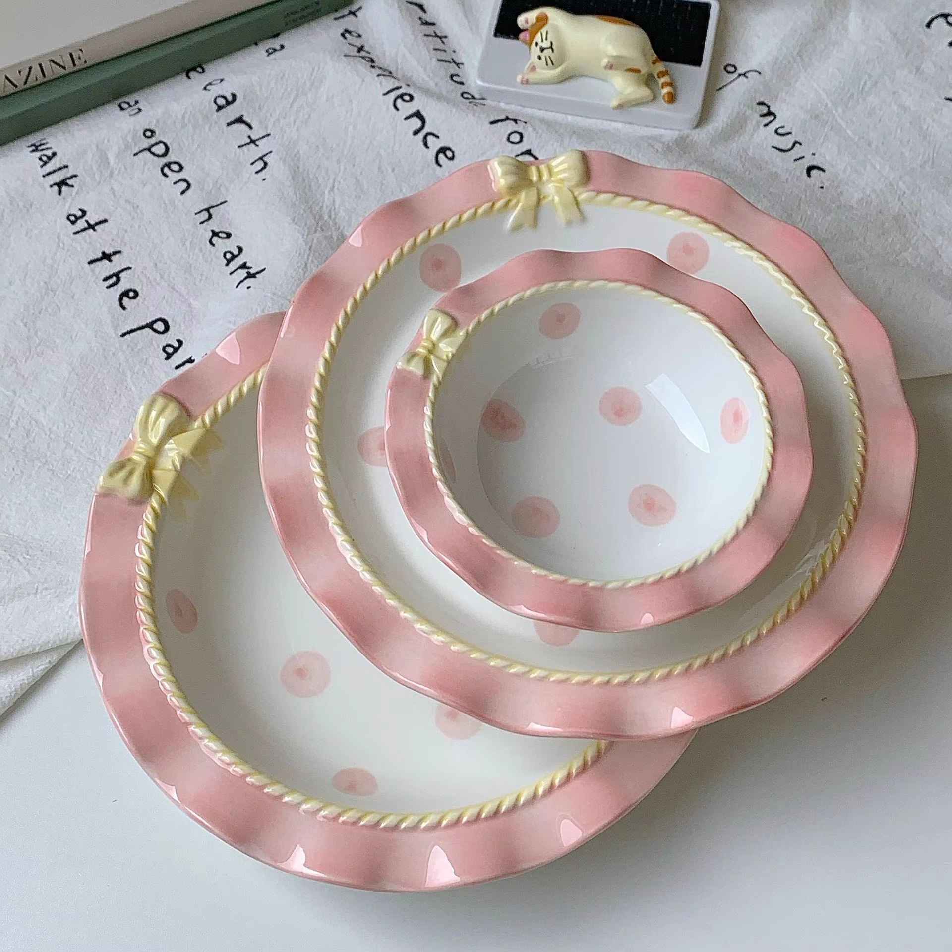 Korean Style Girl Heart Pink Ceramic Tableware Set Polka Dot Bow Cute Small Bowl Rice Bowl Deep Plates Cute Plates