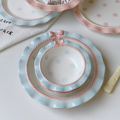 Korean Style Girl Heart Pink Ceramic Tableware Set Polka Dot Bow Cute Small Bowl Rice Bowl Deep Plates Cute Plates