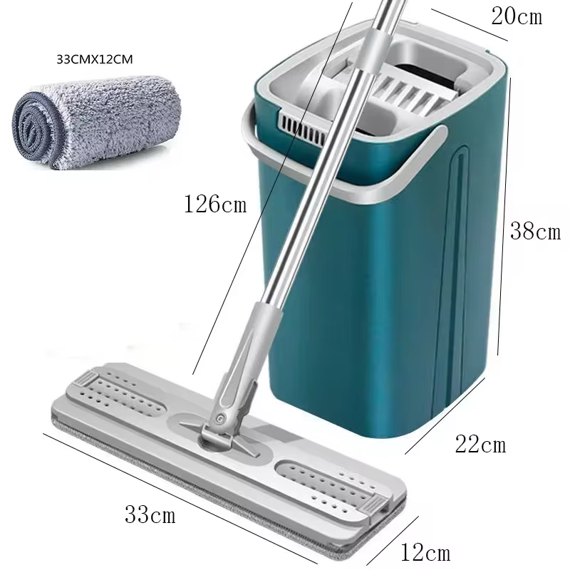 Flat Floor Mop and Bucket Set, Kitchen Cleaning Tool, Microfiber, Wringable, Magic, Scalable, No Mark