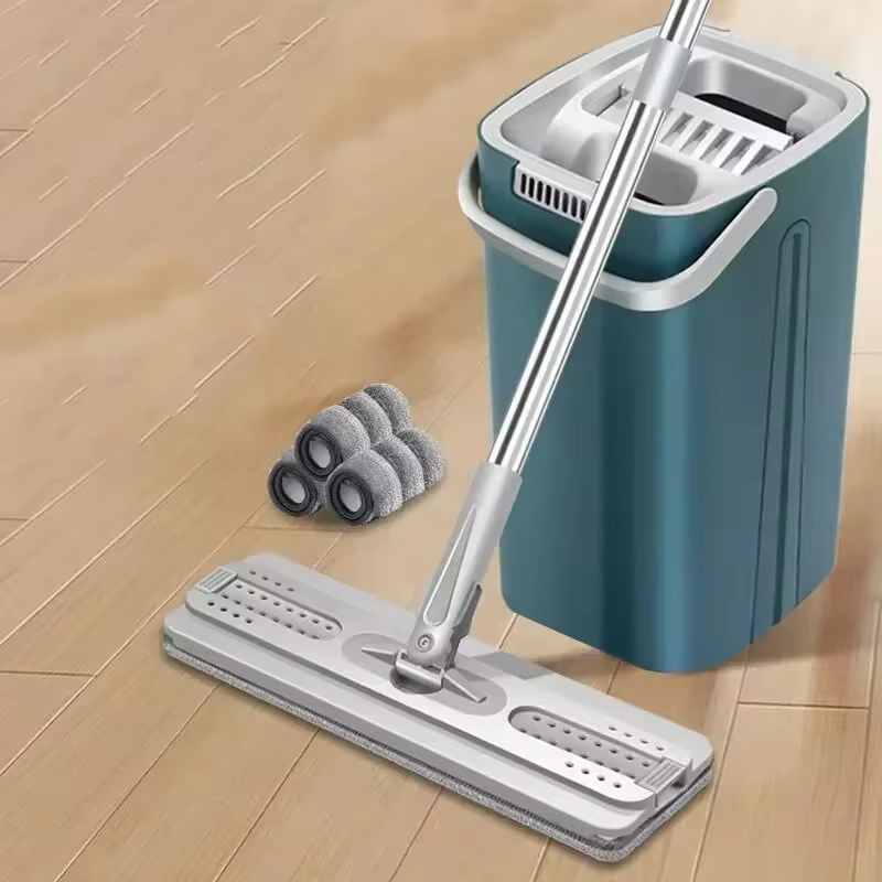 Flat Floor Mop and Bucket Set, Kitchen Cleaning Tool, Microfiber, Wringable, Magic, Scalable, No Mark