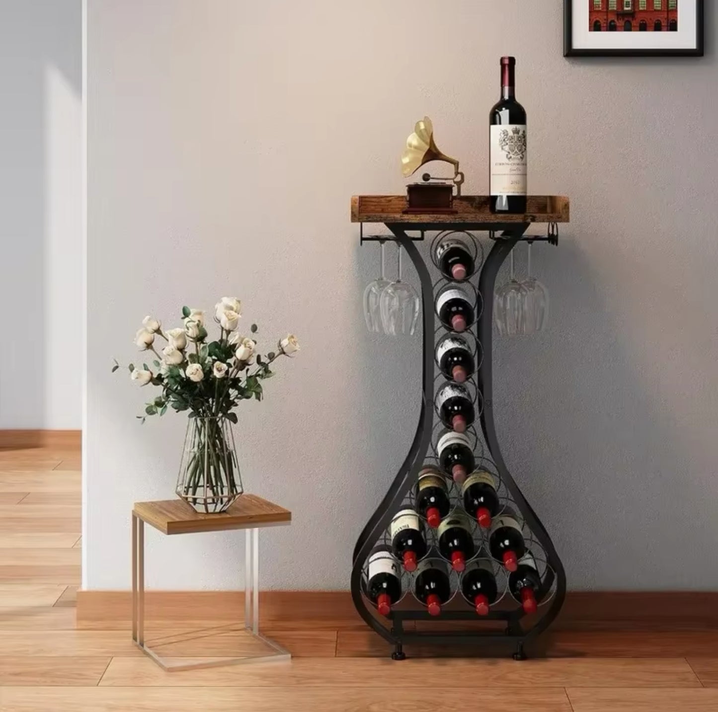 Wine Rack Freestanding Floor, Mini Bar Table Wine Holder Stand Liquor Cabinet with Glass Holder Wood Tabletop 14 Bottles Floor