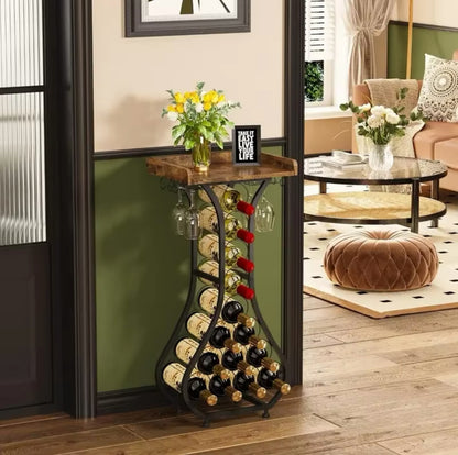 Wine Rack Freestanding Floor, Mini Bar Table Wine Holder Stand Liquor Cabinet with Glass Holder Wood Tabletop 14 Bottles Floor