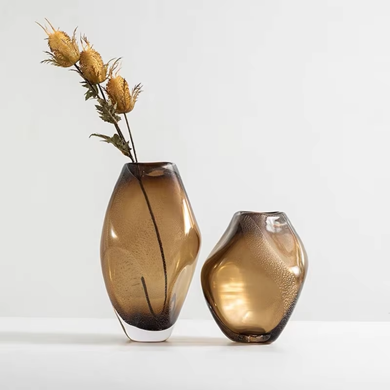 Brown Glass Vase Transparent Irregular Shape Flower Vase Flower Arrangement Accessories Terrarium Home Decoration Accessories