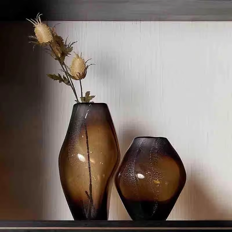 Brown Glass Vase Transparent Irregular Shape Flower Vase Flower Arrangement Accessories Terrarium Home Decoration Accessories