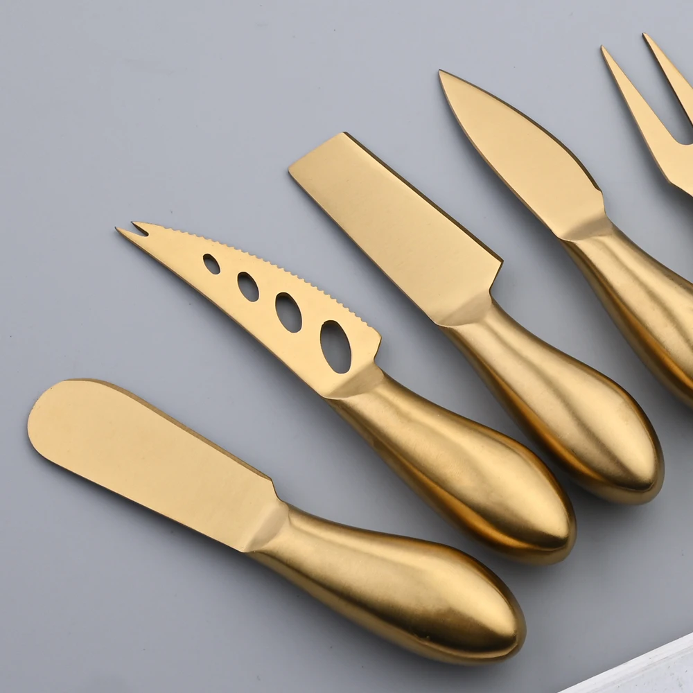 Cheese Knife Set Cheese Stainless Steel 6Pcs Gold Cheese Slicer Cutter Handle Mini Knife Butter Knife Spatula Fork Matte