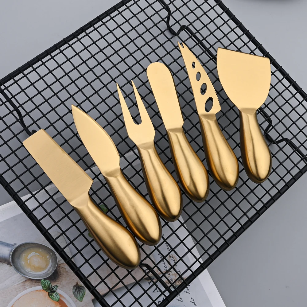 Cheese Knife Set Cheese Stainless Steel 6Pcs Gold Cheese Slicer Cutter Handle Mini Knife Butter Knife Spatula Fork Matte