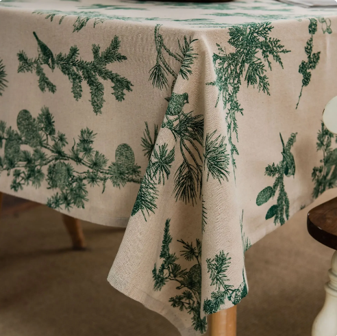 Cotton Linen Printed Pine Rectangular Fitted Tablecloth for mantel mesa party wedding kitchen dining decor table met cover