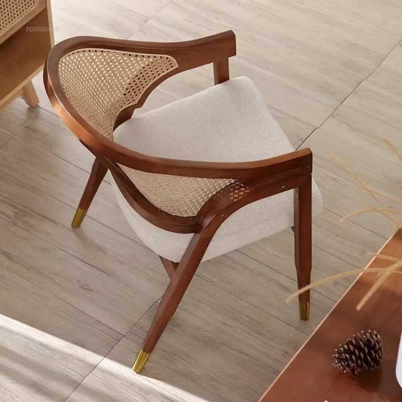 Designer Rattan Dining Chairs Leisure Wood chair for Living Room Nordic Dining Room Furniture Japanese Kitchen Backrest Armchair