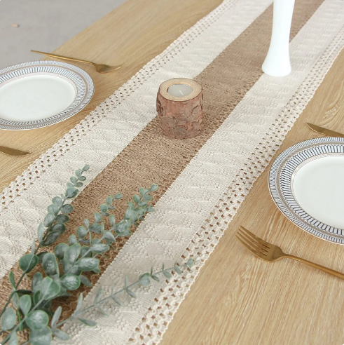 Boho Table Runner for Home Decor Macrame Cream & Brown Farmhouse Table Runner with Tassels for Bohemian Dining Bedroom Decor