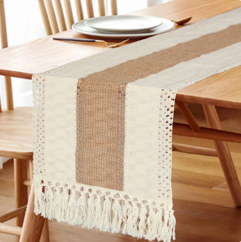 Boho Table Runner for Home Decor Macrame Cream & Brown Farmhouse Table Runner with Tassels for Bohemian Dining Bedroom Decor