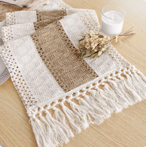 Boho Table Runner for Home Decor Macrame Cream & Brown Farmhouse Table Runner with Tassels for Bohemian Dining Bedroom Decor