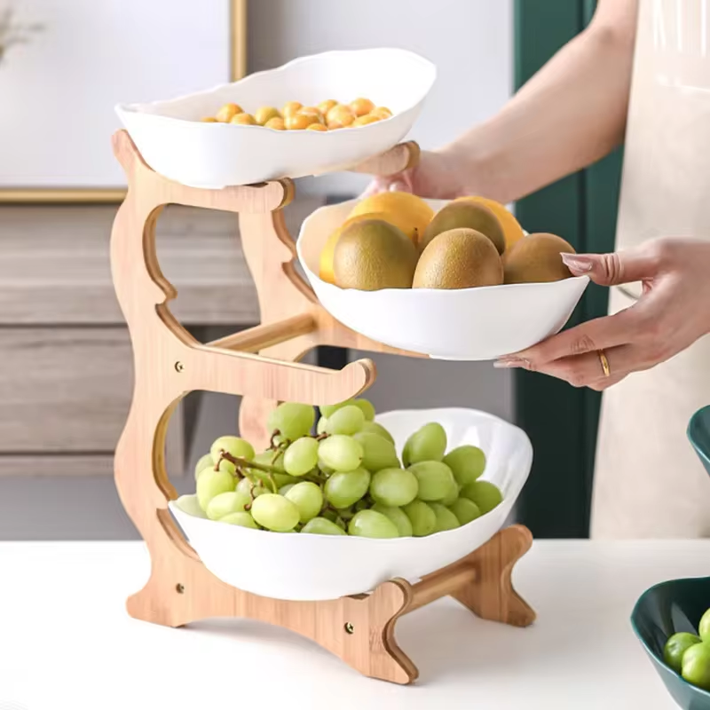 Three Layer Table Plates Dinnerware Wooden Kitchen Fruit Bowl with Floors Partitioned Dish Snack Candy Cake Stand Salad Bowl