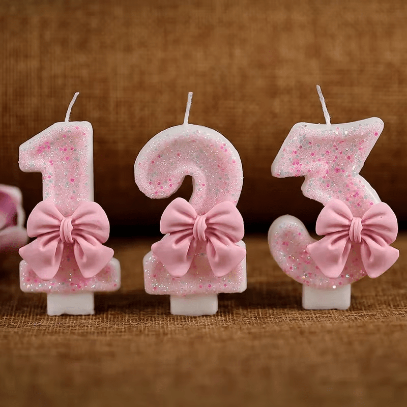 Cute Pink Bow 3D Number Cake Candles for Birthday Party Decorations Birthday Decoration Cake Decorating Tools