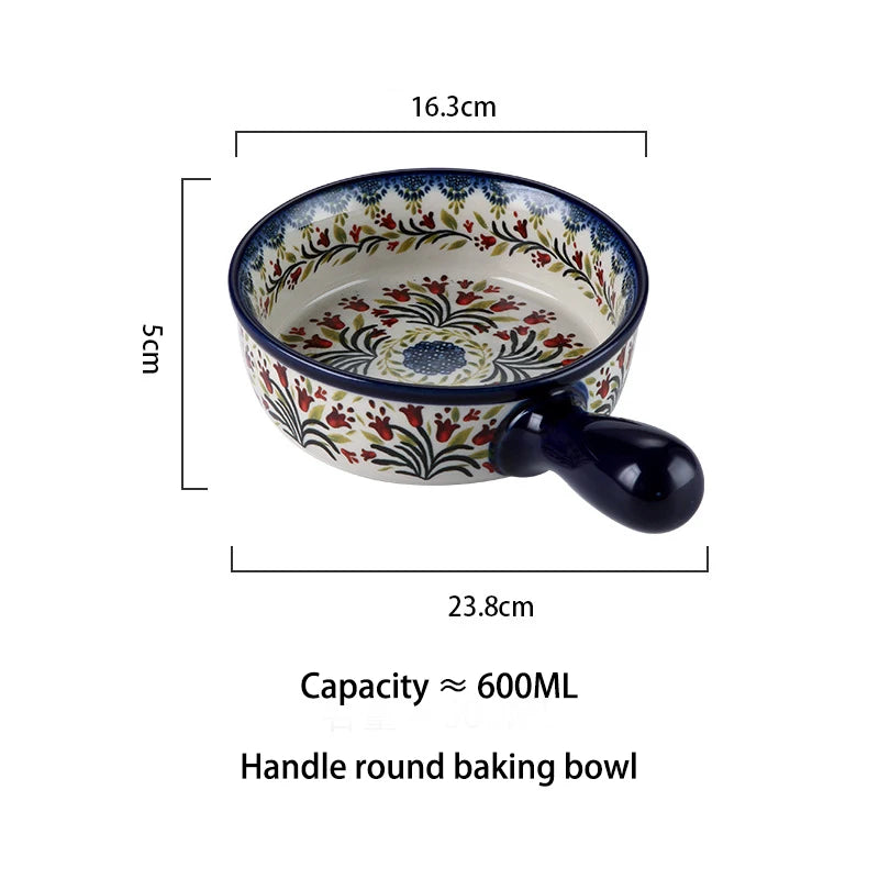Ceramic Bowl Dish Binaural Baking Pan Soup Bowl Single Bowl with Handle Household Tableware Decoration Salad Bowl Kitchenware